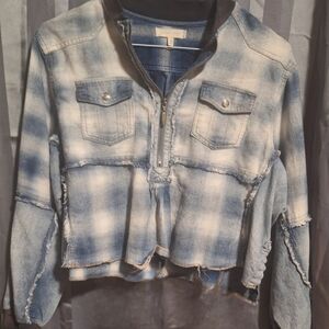 Gilded Intent Blue and White Denim Top Distressed Patchwork